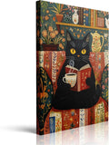 Pveror Reading Black Cat Canvas Wall Art Whimsical Animal Illustration Cozy Coffee Book Scene Vintage Folk Art Style Cottagecore Home Decor For Living Room Bedroom Study Library Gift 16x24 Inches