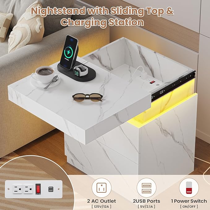ADORNEVE Nightstand Set of 2,Night Stand with Charging Station & LED Light & Sliding Top,Bedside Table with Drawers,Modern Bed Side Tables Bedroom,White Marble