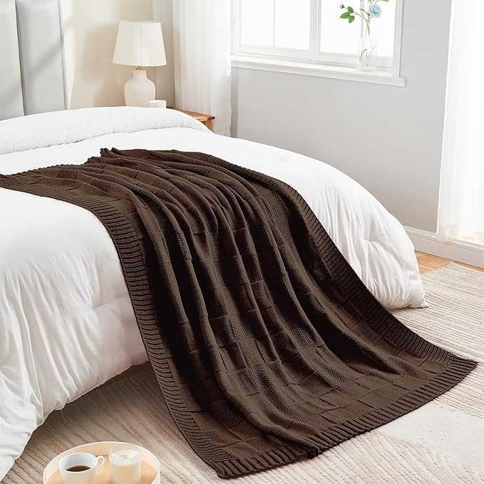 CozeCube Check Knit Throw Blanket, Dark Brown Checkered Throw for Couch, Decorative Christmas Soft Cozy Warm Knitted Blanket for Bed Sofa Living Room, 60"X80"