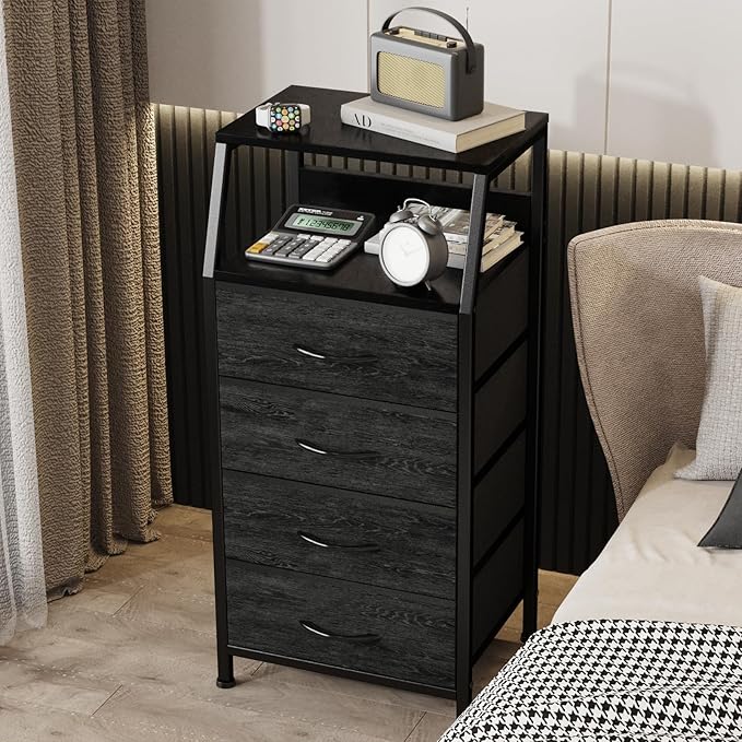Dresser with 4 Drawers, Fabric Storage Tower for Bedroom, Black Clothes Storage Drawers, Vertical Closet Organizer for Kids Room, Entryway, Nightstand Bedside Table, Sturdy Steel Frame & Wooden Top