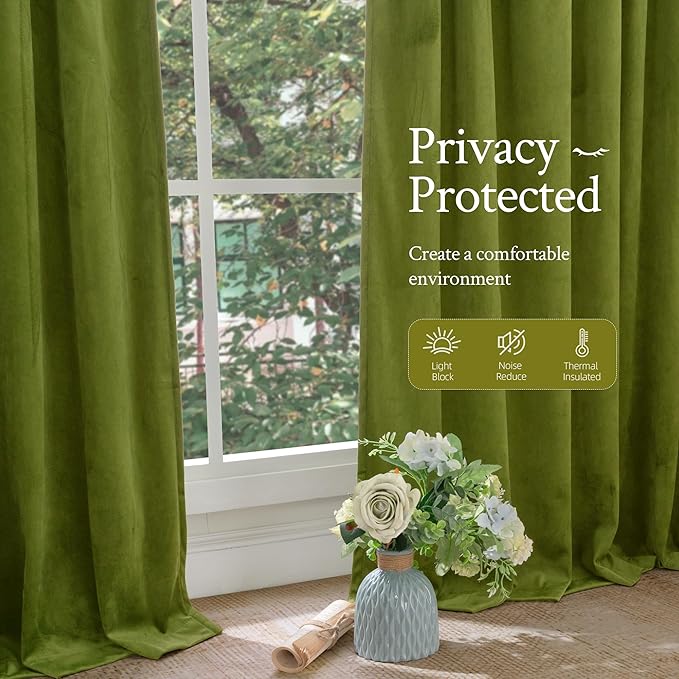 LAMIT Moss Green Velvet Blackout Curtains 84 Inch, Vintage Thermal Insulated Room Darkening Drapes for Living Room Back Tab and Rod Pocket Privacy Window Panels for Bedroom, 2 Panels, 52 x 84 Inch