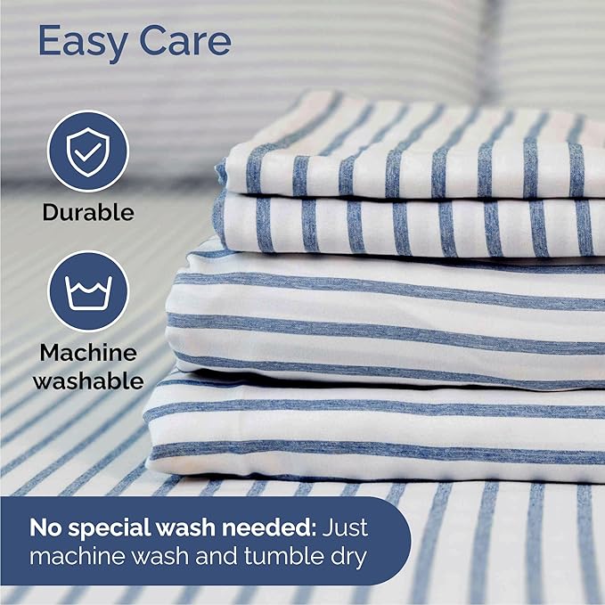 Queen 6 Piece Sheet Set - Cooling, Comfy & Breathable - Hotel Luxury Bedding, Includes Fitted Sheet for Women, Men, Kids & Teens - 1 Flat, 1 Fitted Sheet, 4 Pillowcases w/Deep Pockets - Blue Stripes