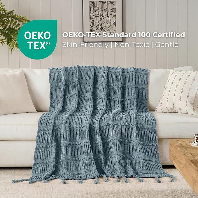 Boho Knitted Chenille Blanket with Tassels - Lightweight & Soft All-Season Throw - 3D Classic Pattern for Living Room Bedroom Couch, Celestial Blue, Queen 90"x90"