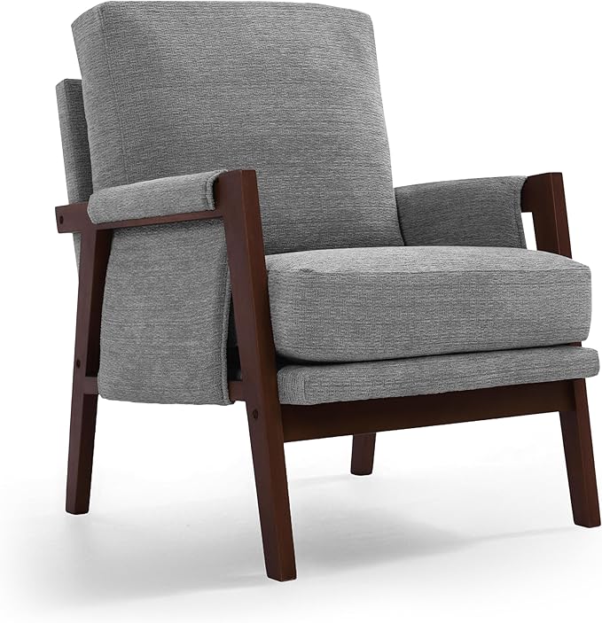 Grey Accent Chair for Bedroom & Living Room, Mid Century Modern Accent Arm Chair, Upholstered Anthropologie Accent Chair with Solid Wood Frame, Fabric