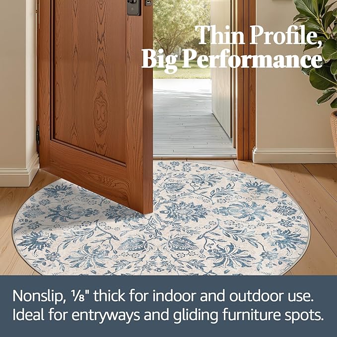 jinchan Torino Classic Floral Round Rug 6ft, Vintage-Inspired Design 6’Circle Rug, Machine Washable Ultra-Thin Low-Pile Non-Slip Indoor Carpet for Bedroom Dining Room Living Room Entryway, Dark Blue