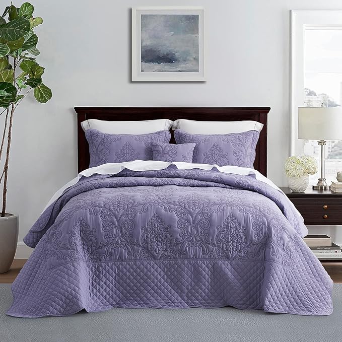 CHIXIN Bedspread Coverlet Quilt Set Full Size - Lightweight Bedding Cover - Beautiful Stitching - 5 Piece Reversible Bedspread - Luxury Damask Paisley Pattern (Full, Lavender)