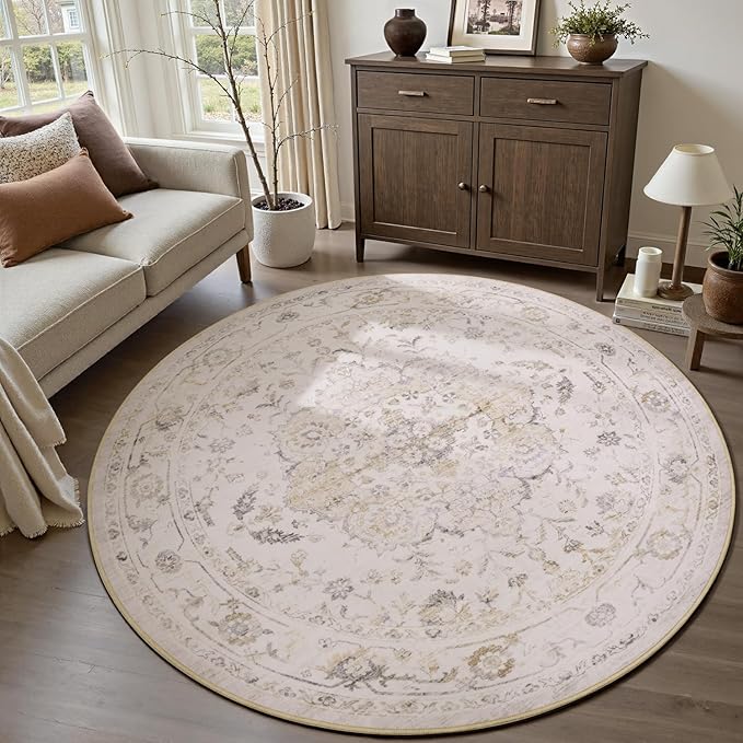 PADOOR 6FT Round Rug,Rugs for Living Room,Soft Beige Circle Rug,Machine Washable Rugs for Bedroom,Non Slip Carpet,Rug for Dining Room Living Room Bedside Office