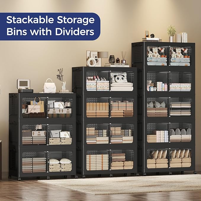 200GAL Storage Bins with Lid and Wheels, Stackable Closet Organizers and Storage Drawer, Collapsible Storage Box with Dividers, Foldable Plastic Cabinets for Room, Kitchen, 4 Pack Black