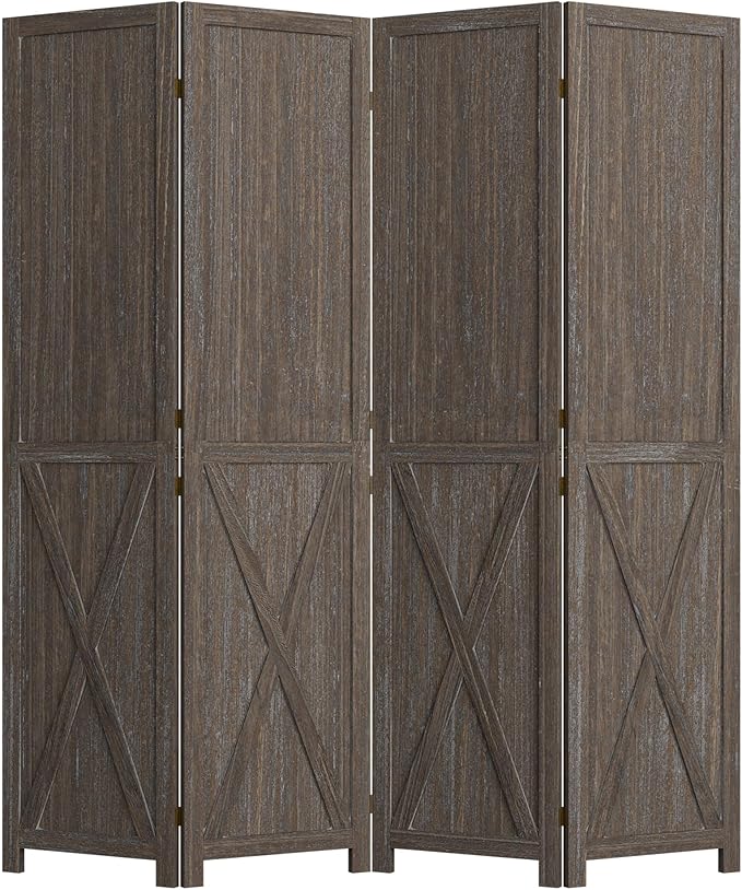 Cozy Castle Wood Room Divider, 4 Panels Folding Privacy Screen, 66.9'' Wall Divider, Barnwood Room Separator, Freestanding Partition, Temporary Wall for Decorative, Rustic Brown