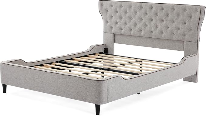 Christopher Knight Home Salus Linen Upholstered Queen Size Bed Frame with Headboard, Modern Queen Bed Frame and Headboard, Wooden Slats Support, Easy Assembly, No Box Spring Needed, Grey