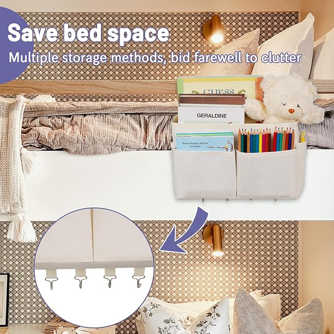 Bedside Storage Organizer 5 Pockets with 4 Hooks Hanging Storage Bag for Headboards/Bunk Bed (2Pack White)