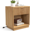 Miereirl Fluted Nightstands with Charging Station, LED Nightstand with Metal Handle Drawers, Natural-CP-1