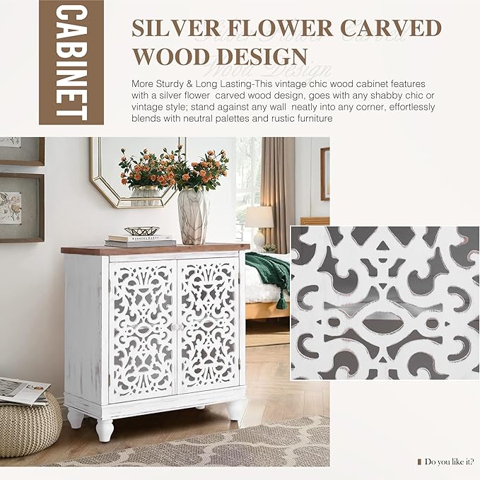 PHI VILLA White Accent Cabinet with Doors, Farmhouse Buffet Sideboard Hollow Carved Small Cabinets