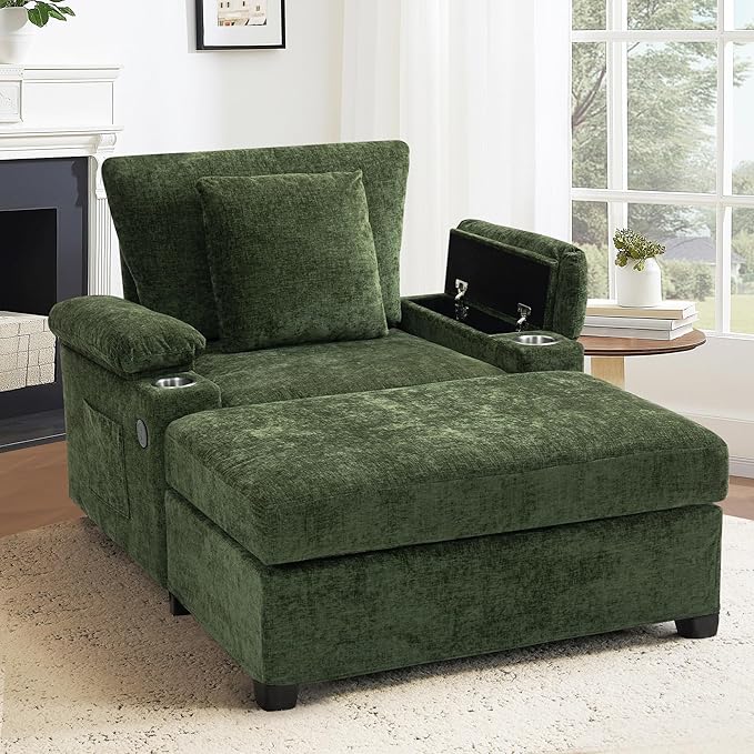 SUNWAVE 58" Chaise Lounge Chair with Ottoman, Chenille Fabric Sofa Bed, Accent Chair with Cupholders & USB Charging Ports for Living Room, Bedroom, Apartment (1 Chaise Forest Green)