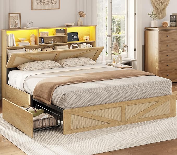 VIAGDO Rattan Bed Frame Full Size with Bookcase Storage Headboard, Charging Station and LED Lights, Wooden Full Bed Frame with 4 Drawers, Barn Door Design, No Box Spring Needed, No Noise, Natural