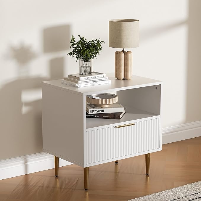 White Nightstand with Drawer, End Table with Storage, Bed Side Table with Open Space for Bedroom, Modern Nightstand with Golden Handle, Side Night Stand for Bedroom, Living Room, White
