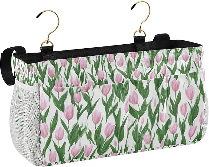 Bedside Caddy Hanging Bunk Bed Caddy Bed Organizer Hanging Pocket with 2 Hooks Bedside Storage Organizer Pocket Bag Holder Small Tulips Pink