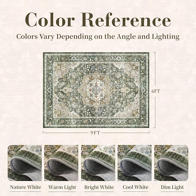 PADOOR 6X9 Area Rug,Rugs for Living Room,Soft Olive Rugs for Bedroom,Machine Washable Rug Non Slip Carpet for Dining Room Living Room Bedside Office