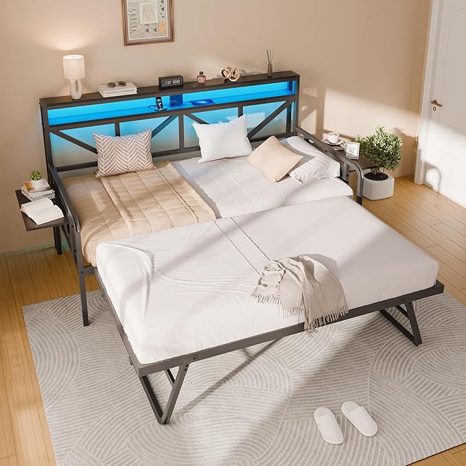 Daybed with Trundle, Heavy Duty Metal Twin Bed Frame with LED Lights & 2-Tier Storage Shelves, Sofa Day Bed with Charging Station & Tabletop for Living Room, Bedroom, Guest Room (Black)