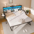 Daybed with Trundle, Heavy Duty Metal Twin Bed Frame with LED Lights & 2-Tier Storage Shelves, Sofa Day Bed with Charging Station & Tabletop for Living Room, Bedroom, Guest Room (Black)