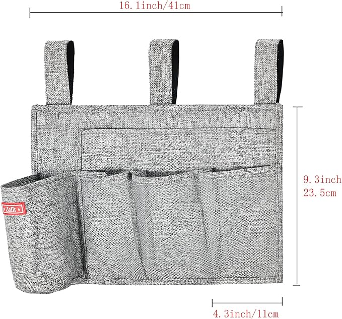 Linen Bedside Caddy, Bedside Storage Organizer for Hospital Beds, College Dorm Rooms or Baby Bed (5 Pockets-Grey)