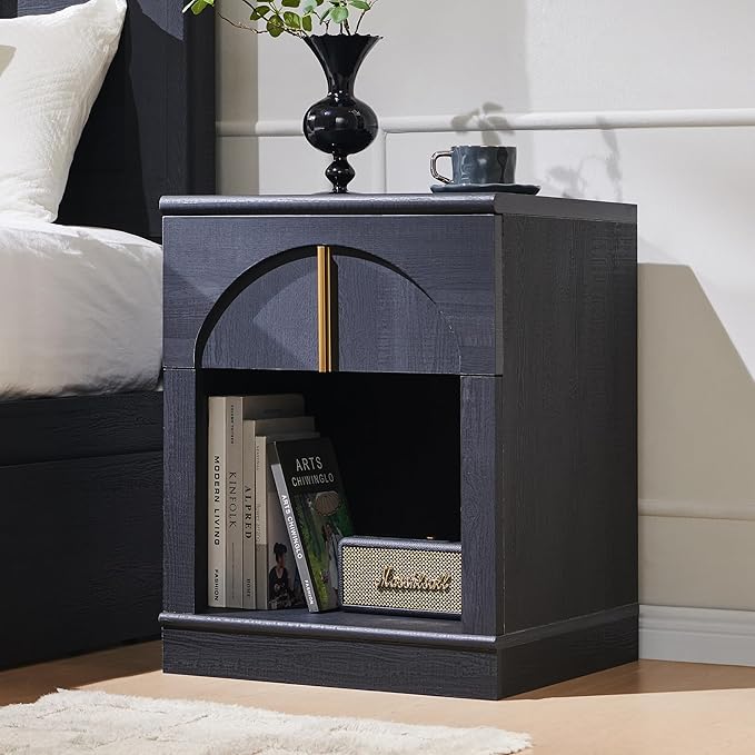 ACCOHOHO Modern Night Stand with Arched Panel,18" Wooden nightstand with Charging Station,Bedside Table with Drawer Storage,Side End Table with Open Shelf for Bedroom,Living Room,Black