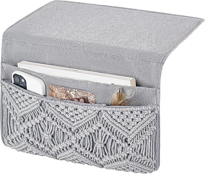 Mkono Macrame Bedside Caddy Storage Organizer Boho Remote Control Tablet Magazine Holder with 4 Pockets Non-slip Countertop Bedside Caddy for Home Bedroom Living Room College Dorm Bed, Grey