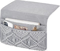 Mkono Macrame Bedside Caddy Storage Organizer Boho Remote Control Tablet Magazine Holder with 4 Pockets Non-slip Countertop Bedside Caddy for Home Bedroom Living Room College Dorm Bed, Grey