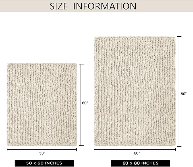 Chunky Knit Throw Blanket 60"X 80", 100% Handmade with Soft Chenille Yarn, 6.7lbs Thick Cable Knitted Blankets, Large Rope Knot Crochet Throws for Couch Sofa Bed Home Decor, Beige