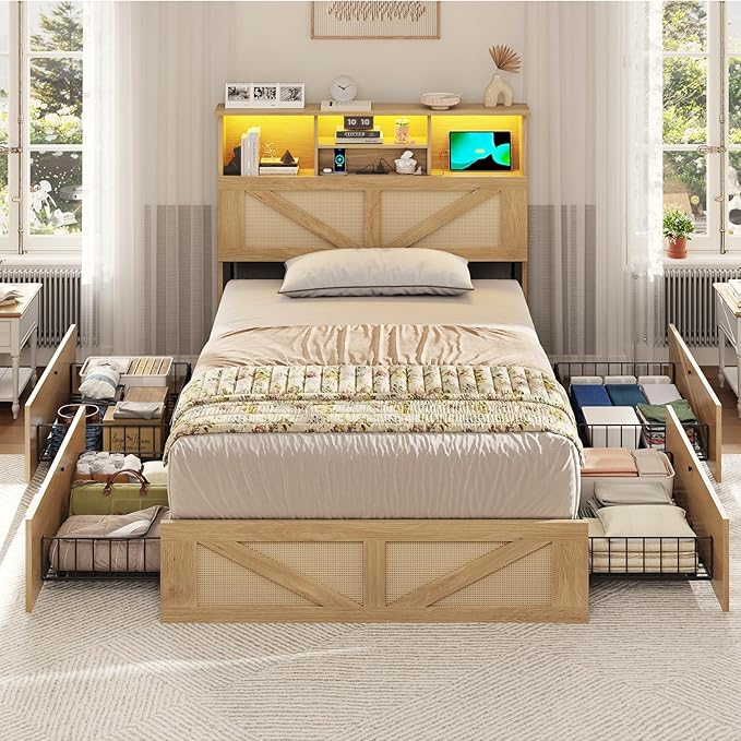 VIAGDO Rattan Bed Frame Twin Size with Bookcase Storage Headboard, Charging Station and LED Lights, Wooden Twin Bed Frames with 4 Drawers, Barn Door Design, No Box Spring Needed, No Noise, Natural