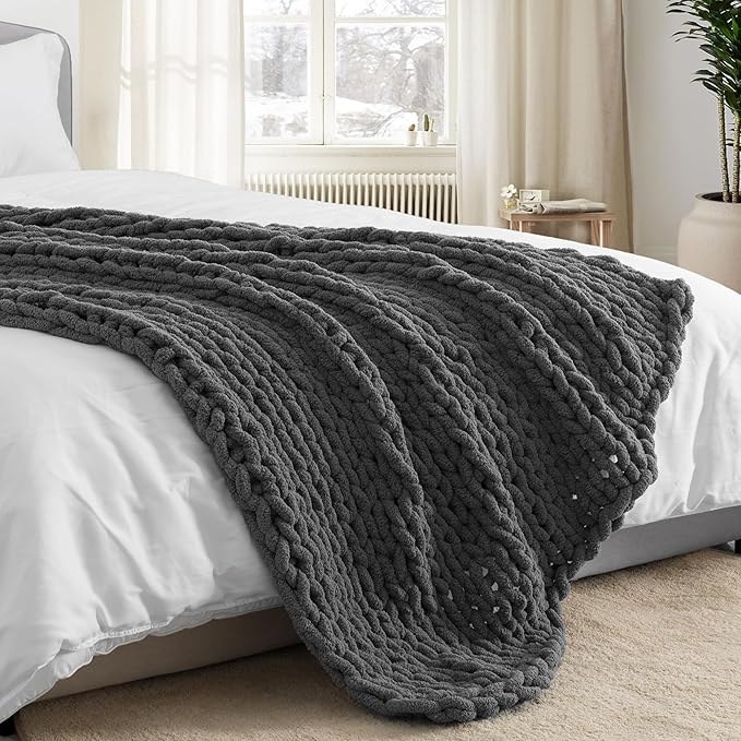 Chunky Knit Throw Blanket 50"X 60", 100% Handmade with Soft Chenille Yarn, 4.4lbs Thick Cable Knitted Blankets, Large Rope Knot Crochet Throws for Couch Sofa Bed Home Decor, Dark Grey