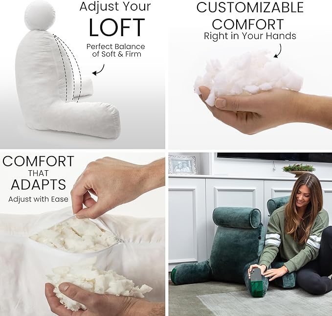 Husband Pillow Medium Dark Green, Backrest Kids, Teens, Petite Adults - Reading Pillows with Arms, Adjustable Loft, Plush Memory Foam, Bed Rest Chair Sitting Up, Detach Neck Roll, Removable Cover