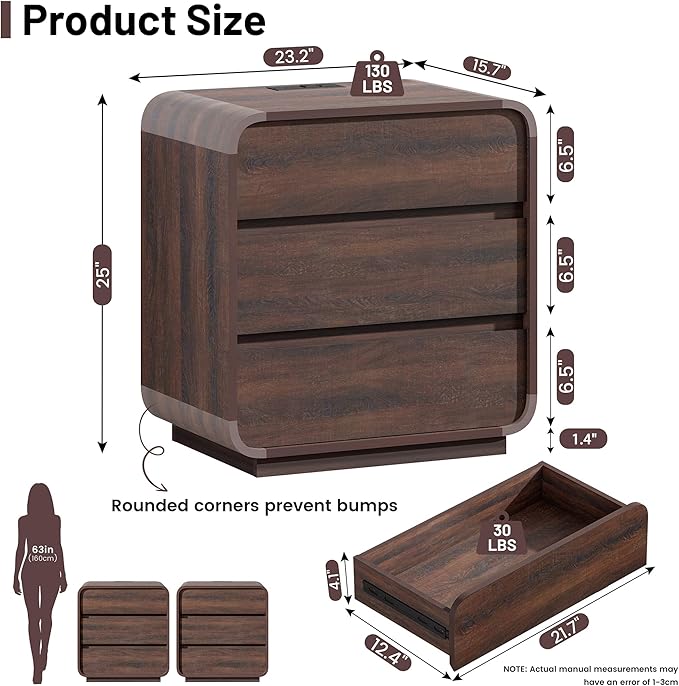 Walnut 3 Drawers Nightstand, 25" Tall Wooden Bedside Table with Charging Station, Large Side Table Curved Profile, Handleless, Large End Table Night Stand for Bedroom, Office