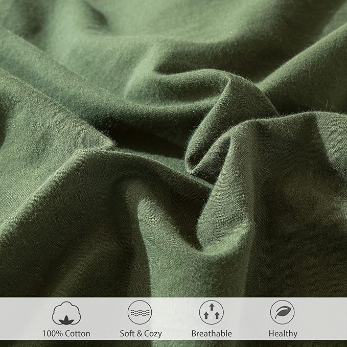 MooMee Fitted Bottom Sheet Only 100% Washed Cotton Linen Like Textured Breathable Durable Soft Comfy Deep Pocket Fits Mattress up to 17" (Olive Green, King)