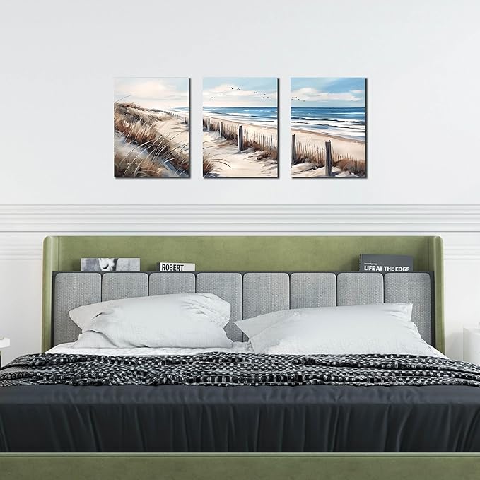 Blue Beach Canvas Wall Art for Living Room Bedroom Bathroom Nature Landscape Pictures Modern Wall Artwork 3 Pieces Coastal Wall Art Framed Canvas Prints 12x16 Inch