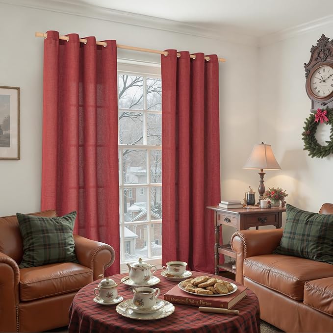 YoungsTex Red Linen Curtains 90 Inch Length for Living Room, Light Filtering Drapes with Bronze Grommet Privacy for Dining Bedroom Window, 52 x 90 Inch, 2 Panels