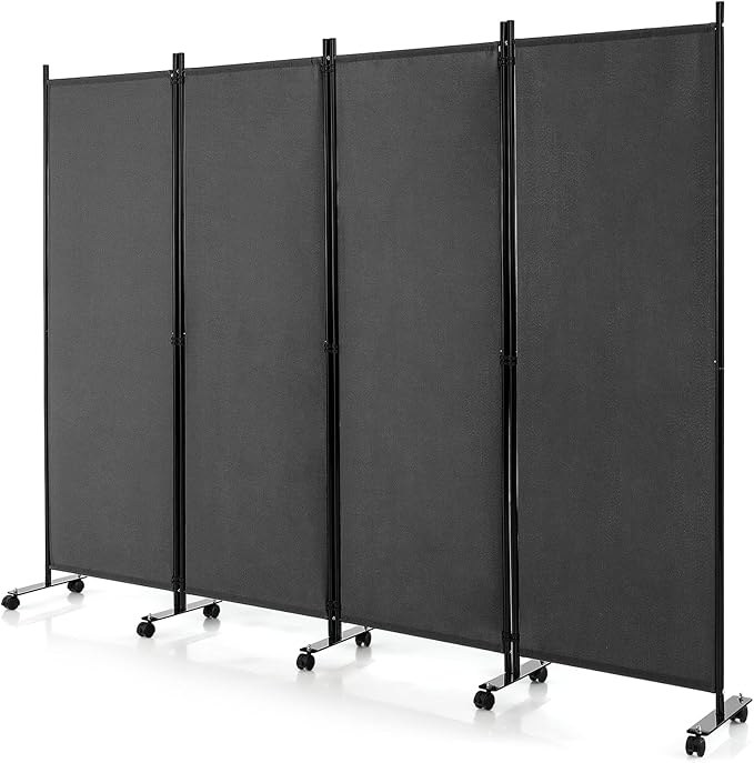 GOFLAME 4 Panel Folding Room Divider, 6FT Rolling Privacy Screen with Lockable Wheels, Portable Room Partition Screen, Freestanding Wall Divider and Separator for Home Office, Grey