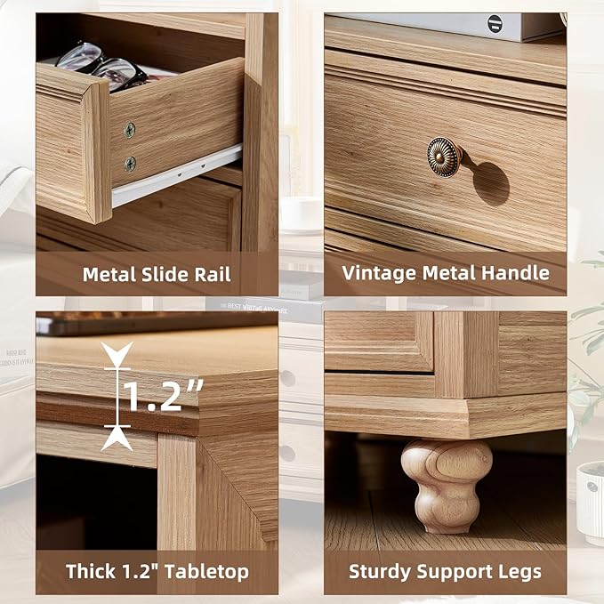 24" Wide Farmhouse Nightstand with Charging Station, End Table with 2 Drawers, Natural Wood Dresser for Bedroom Cabinet, Bed Side Table Chest of Drawers, Night Stand for Living Room, Closet