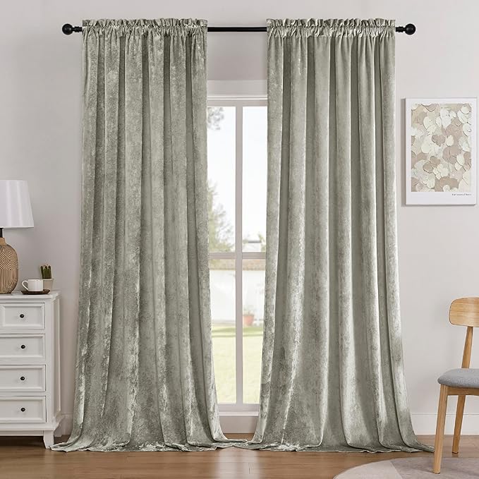 SMILETIME Silver Grey Crushed Velvet Curtains 52x108inch Rod Pocket Luxurious Thermal Insulated Soundproof Drapes Soft and Durable Light-Filtering Window Treatments for Living Room Bedroom, 2 Panels