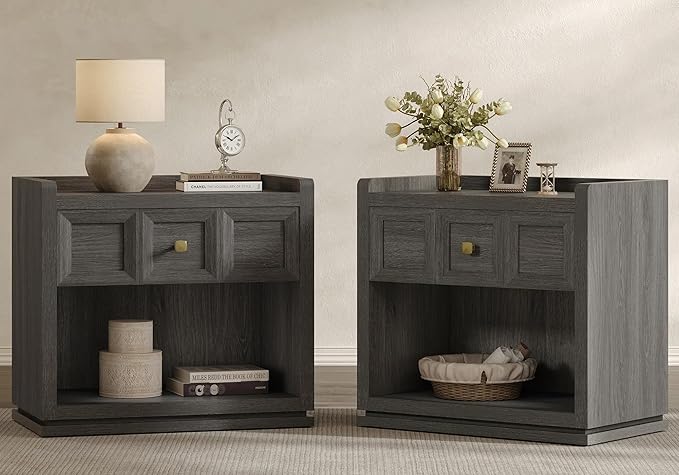 SICOTAS Night Stand Set 2, 26" Wide Nightstands with Drawer, Large Queen Size Nightstands Set of 2, Modern Bedside Table for Bedroom, Side End Table (Dark Grey Oak, 26-Inch)