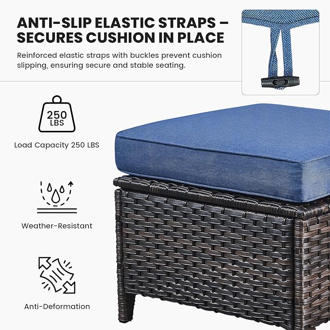 Belord 7 Piece Patio Furniture Set - High Back Swivel Rocker Glider Outdoor Chairs with 3-Seat Sofa and Ottoman, All-Weather Removable 6" Blue Cushion for Patio Conversation and Family Reunion