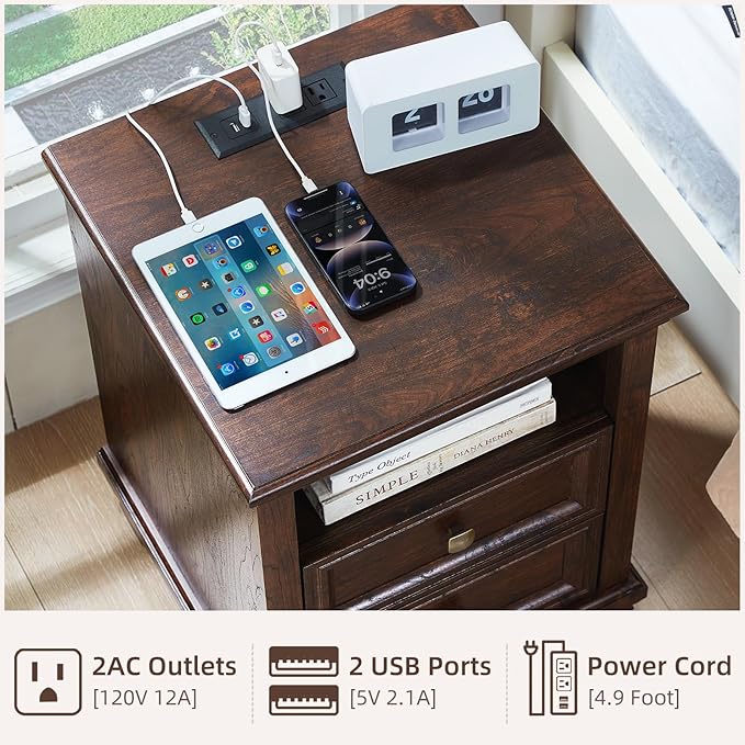 SAVOR LIFE Farmhouse Nightstand with Charging Station, Rustic Brown Nightstand, 2 Drawers End Table, Bedside Table with Open Shelf for Bedroom, Walnut