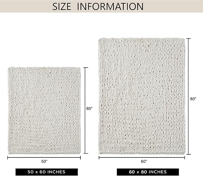 Chunky Knit Throw Blanket 50"X 60", 100% Handmade with Soft Chenille Yarn, 4.4lbs Thick Cable Knitted Blankets, Large Rope Knot Crochet Throws for Couch Sofa Bed Home Decor, Cream White