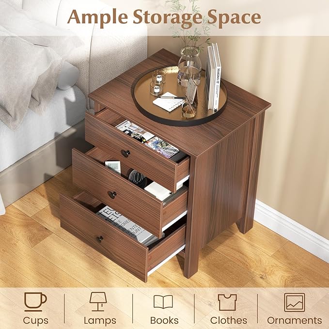 Giantex Nightstand with 3 Drawers, Wooden Side End Table with Solid Wood Legs, Retro 3-Drawer Bedside Table Night Stand for Bedroom Home Office Small Space, Easy Assembly, Brown