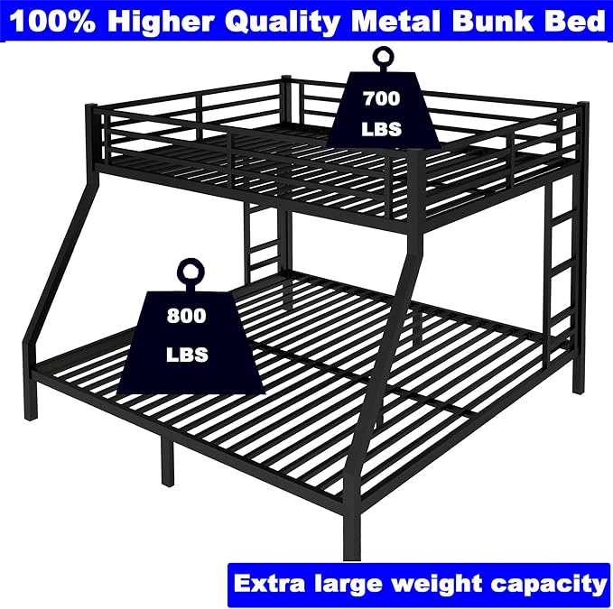 Upgraded Version Thickened Metal Heavy-Duty Queen Over King Bunk Bed, Best Modern Style Stronger King Size Bunk Bed Frame with Ladder for Adults, Easy Assembly (Queen Over King)