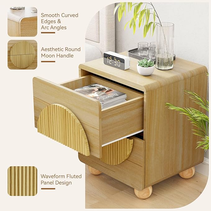 23" Nightstand with Solid Wood Legs, Modern Style Bedside Table with Round Moon Handle & Storage, Mid Century Cute Night Stand for Bedroom, Side Table, End Table, Natural Oak