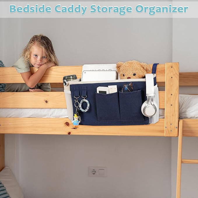 Loghot Bedside Caddy/Bedside Storage Bag Hanging Organizer for Bunk and Hospital Beds,Dorm Rooms Bed Rails,Can be Placed Glasses,Books,Mobile Phones,Keys (Navy Blue)