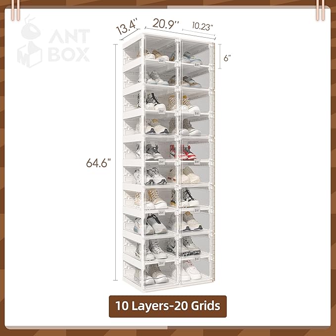 ANTBOX Foldable Shoe Rack,Shoe Organizers for Closet Plastic Shoe Storage Box Space Saving for Entryway, Large Sturdy Stackable Sneaker Cabinet Bins with Magnetic Clear Door 10 Tiers 20 Pairs