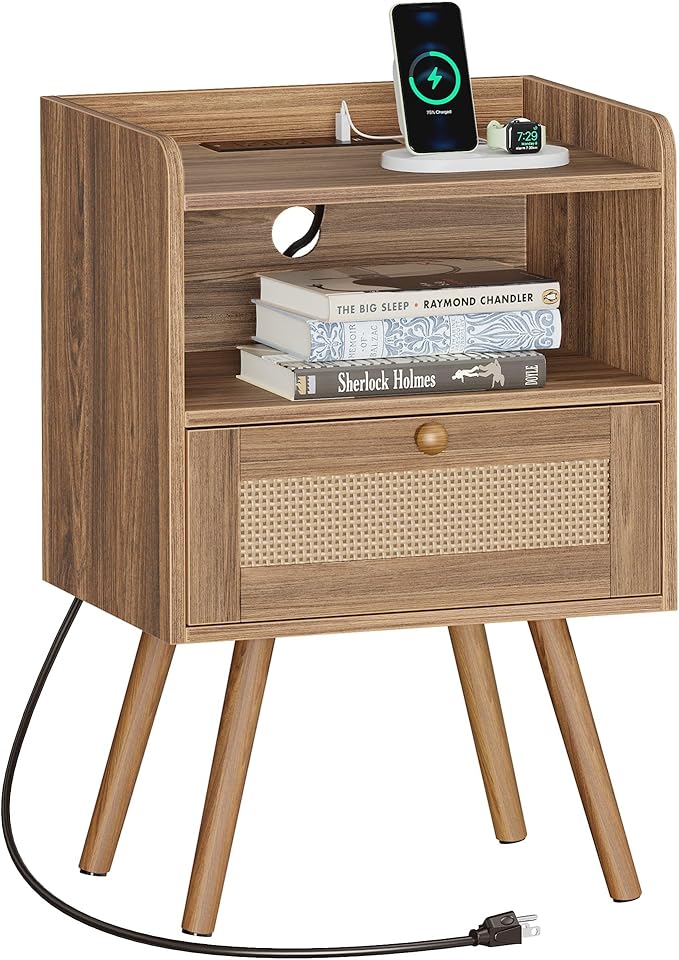 SUPERJARE Nightstand with Charging Station & Rattan-Like Decor Drawer, Rattan End Table with Solid Wood Feet, Bed Side Table with Open Storage, for Bedroom, Living Room, Dormitory, Walnut
