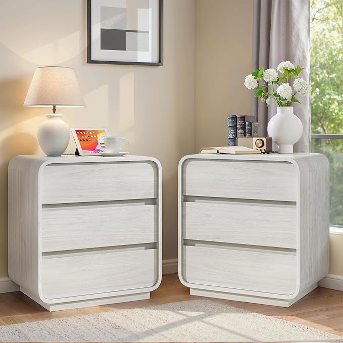 White Night Stand Set of 2 with Charging Station, Modern Dresser End Table with 3 Storage Drawers, Curved Wood Bedside Table, Mid Century Night Stand for Bedroom Dorm, 23.2" Wide
